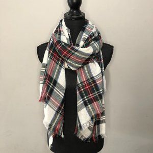 Long Scarf w/ Frayed Ends Plaid Pattern Multicolor One-Size